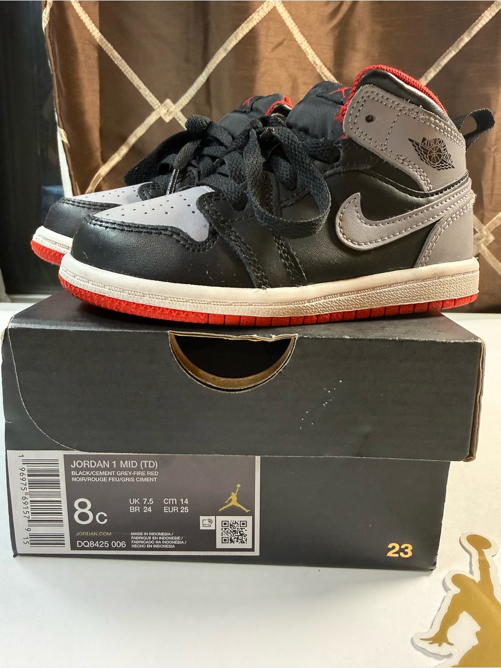 Air Jordan 1 Mid TD Black Cement Grey Fire Red Toddler Size 8C w/ Box